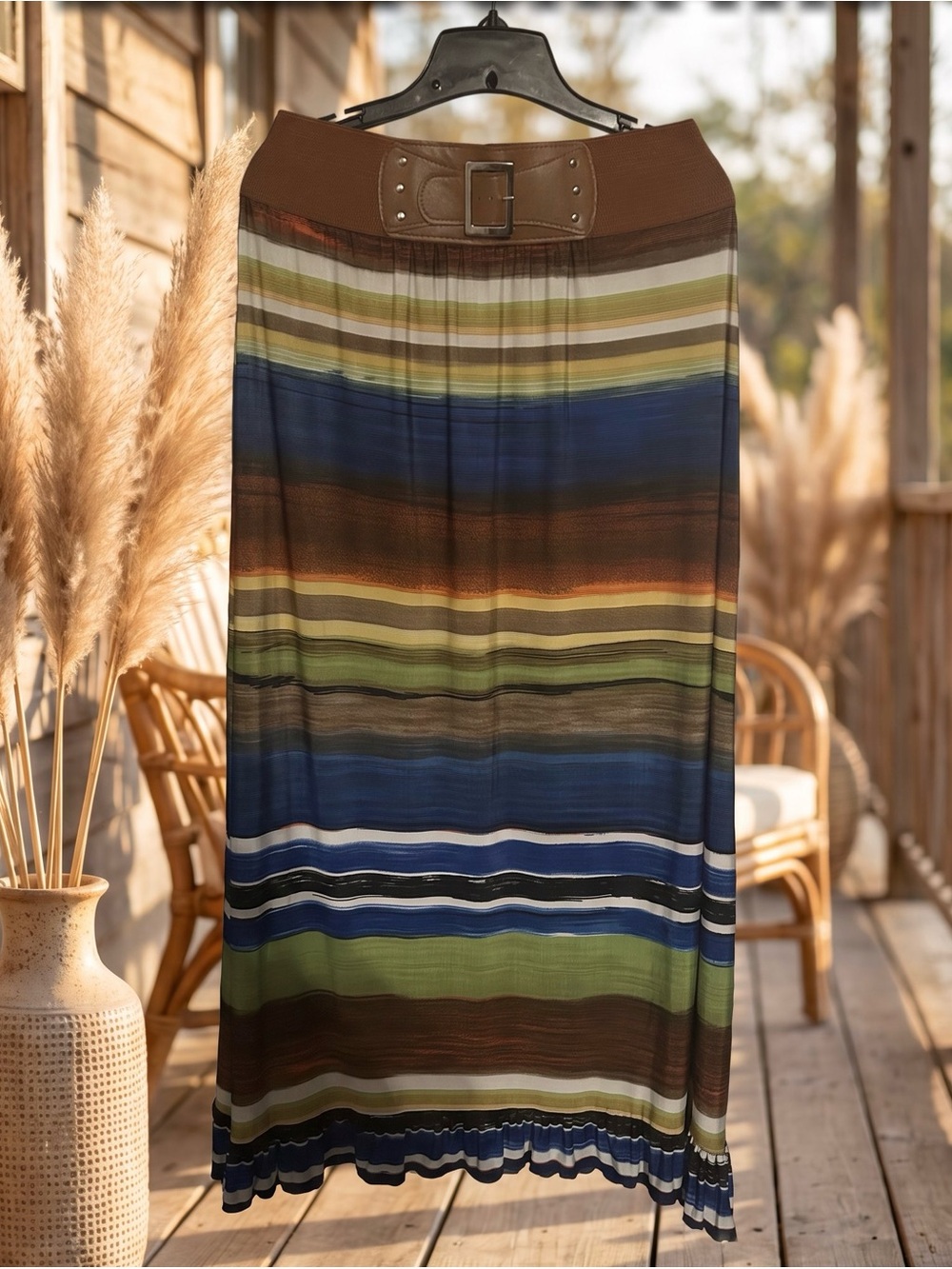 Magic Striped Maxi Skirt with Belt - Brown/Blue/Green